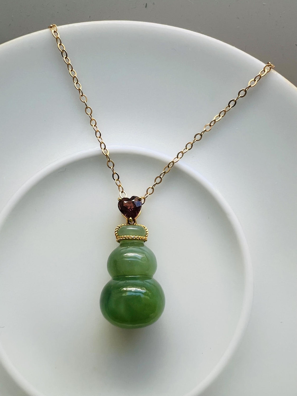 Green Nephrite Gourd & Ruby Pendant