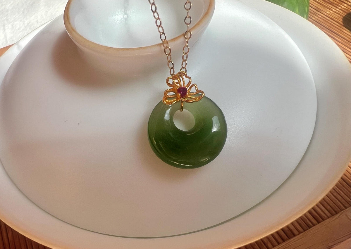 Nephrite Donut & Ruby Pendant in 18K Gold