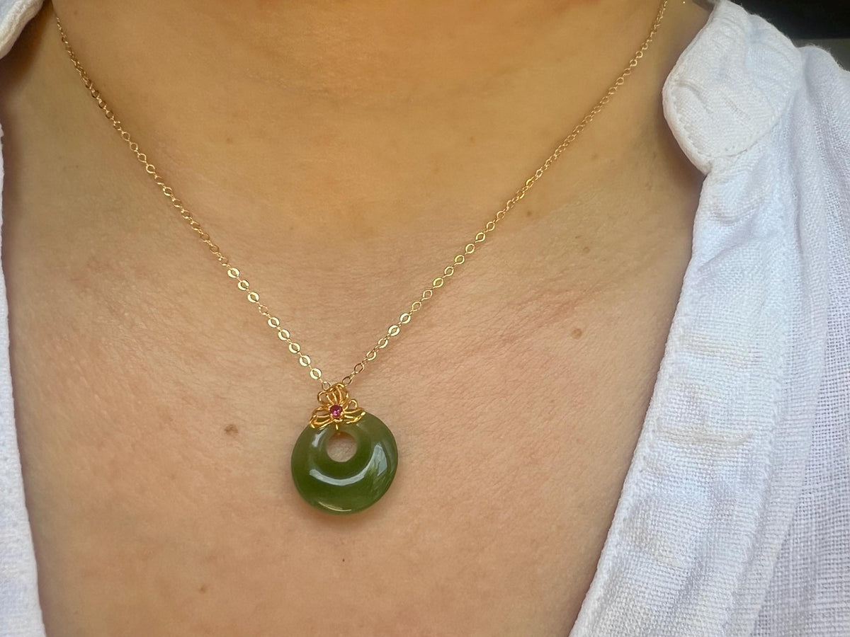 Nephrite Donut & Ruby Pendant in 18K Gold