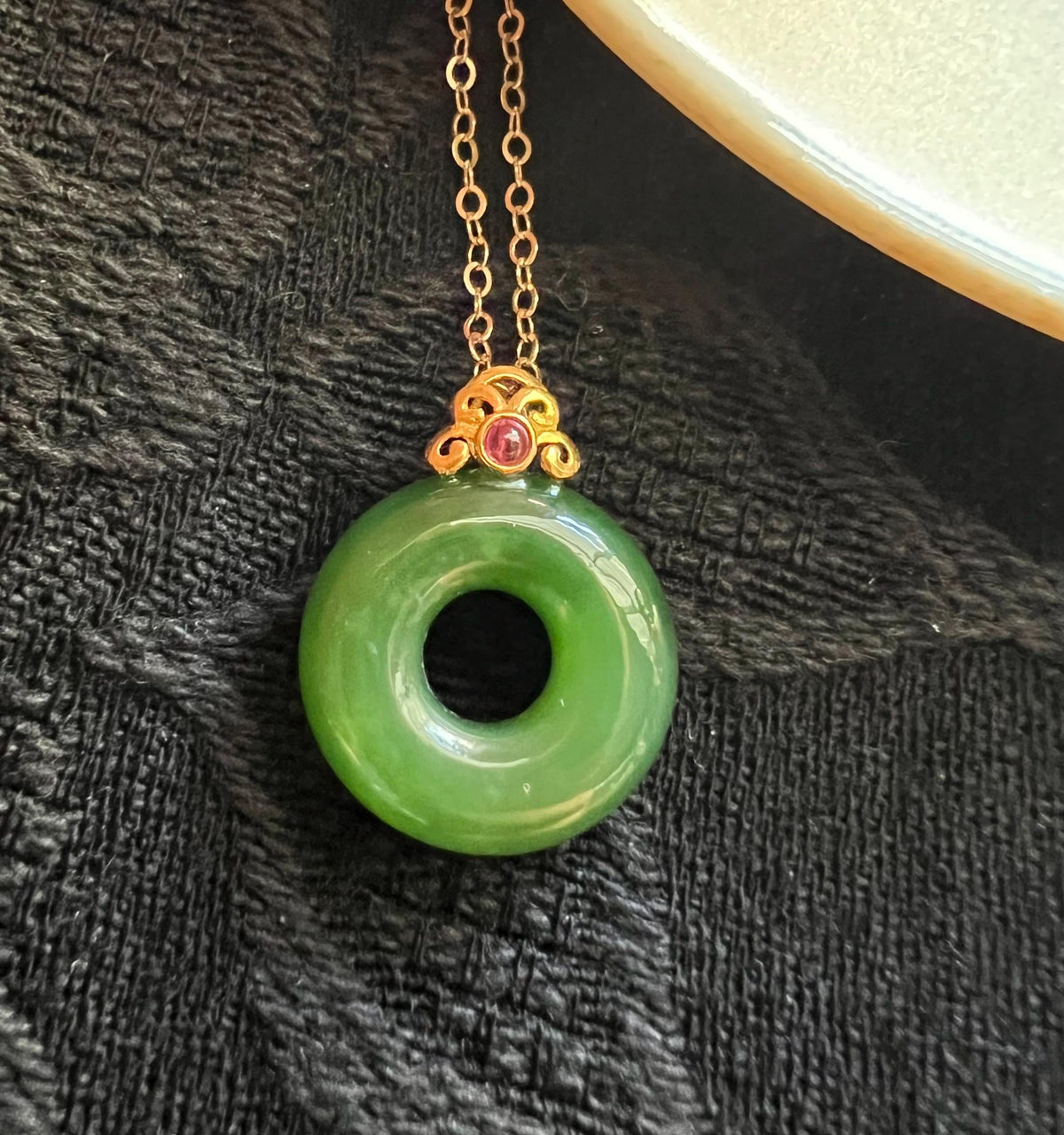 Nephrite Donut & Ruby Pendant in 18K Gold