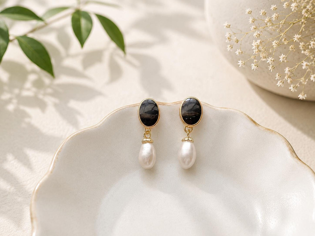Black Gemstone Freshwater Pearl Drop Earrings