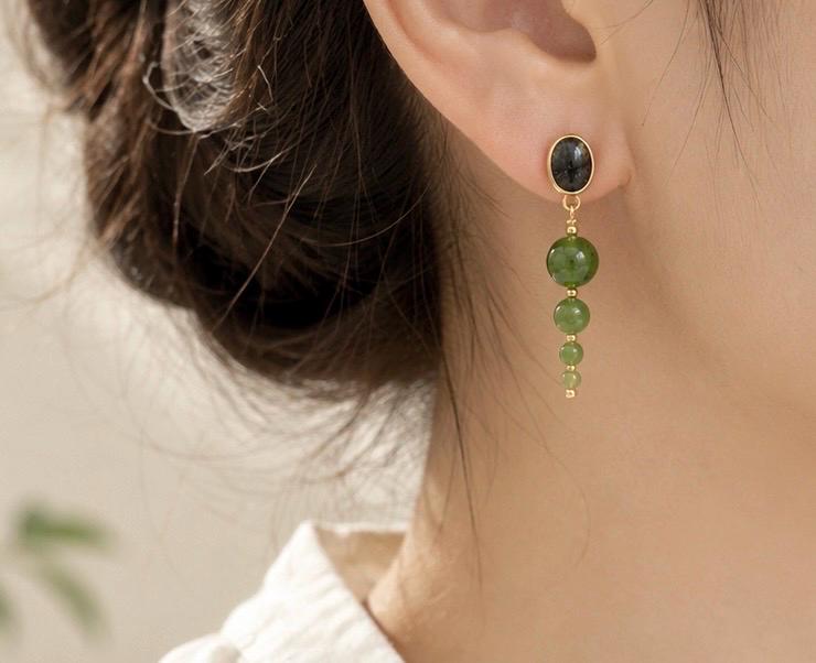 Green Nephrite & Black Gemstone Earrings