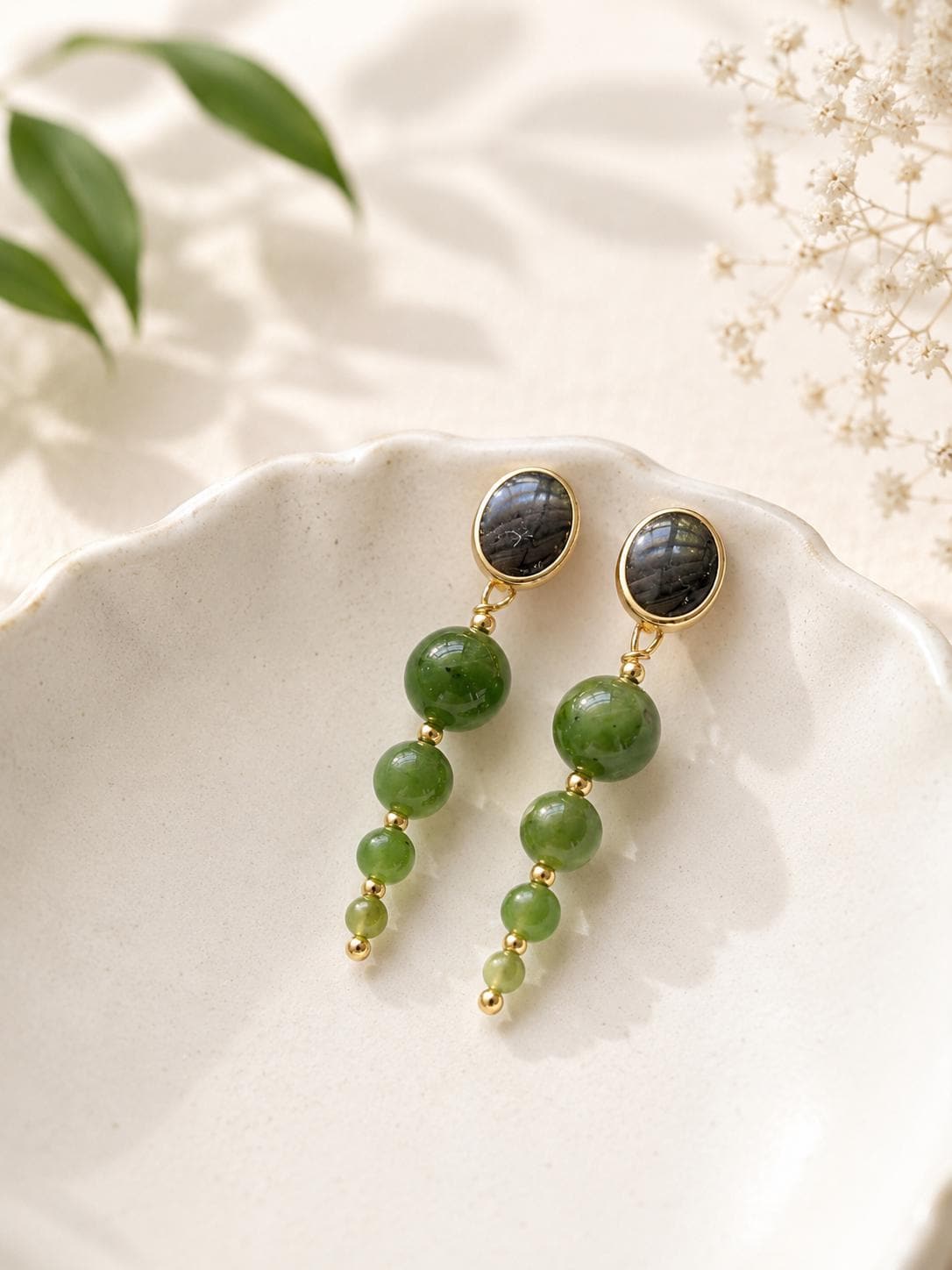 Green Nephrite & Black Gemstone Earrings