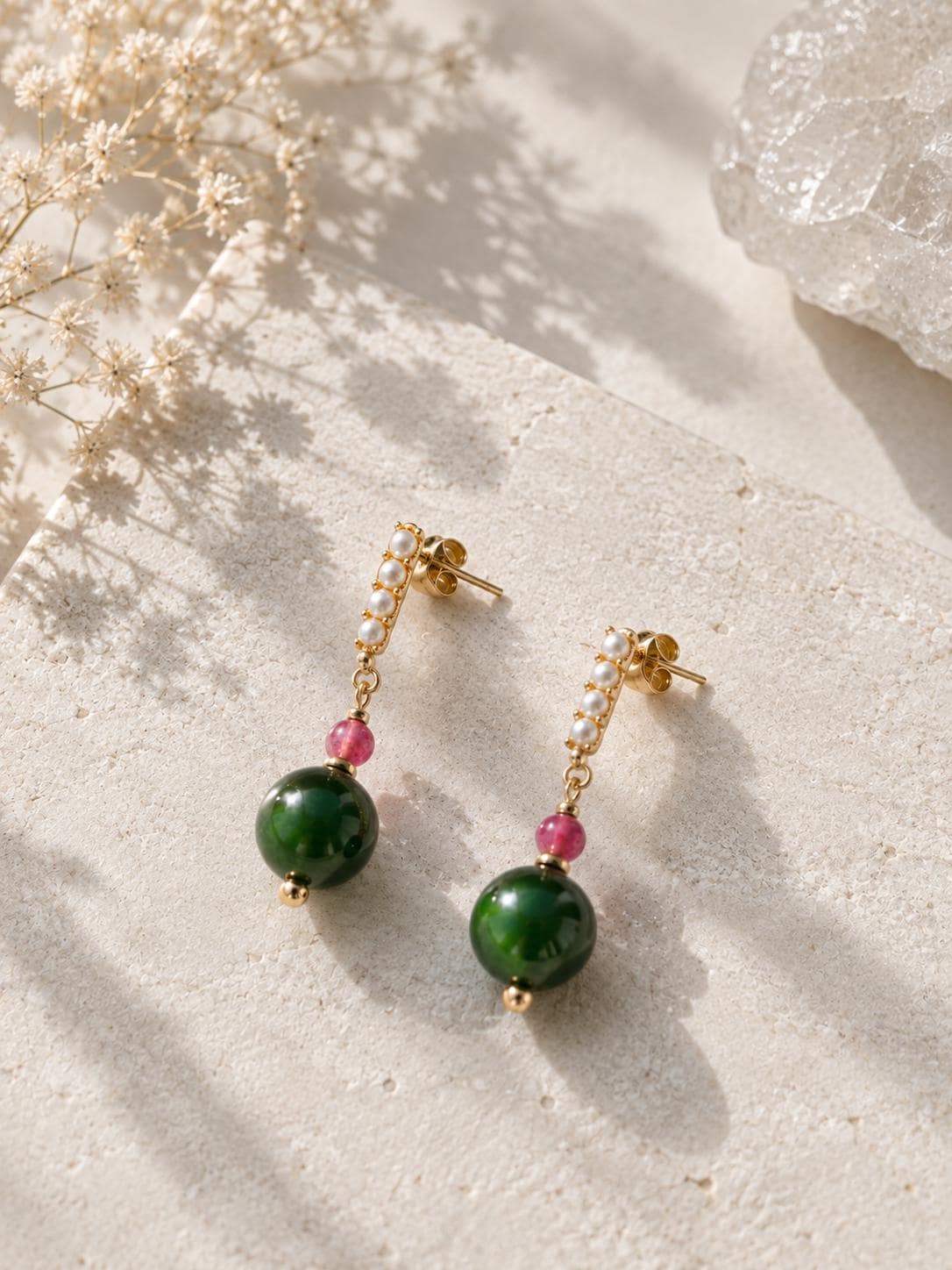 Jade, Seed Pearl & Tourmaline Earrings