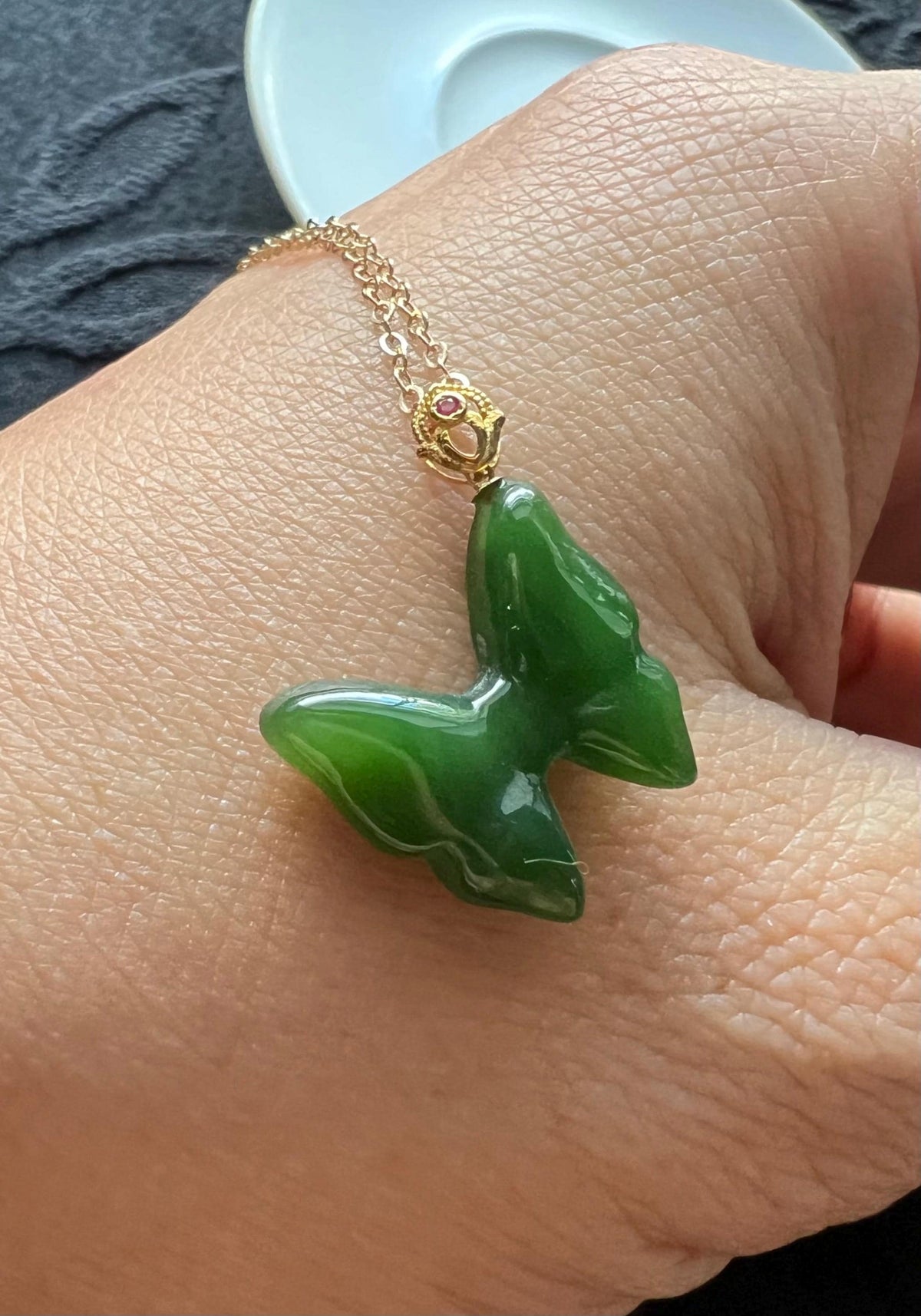 Nephrite Butterfly & Ruby in 18K Gold