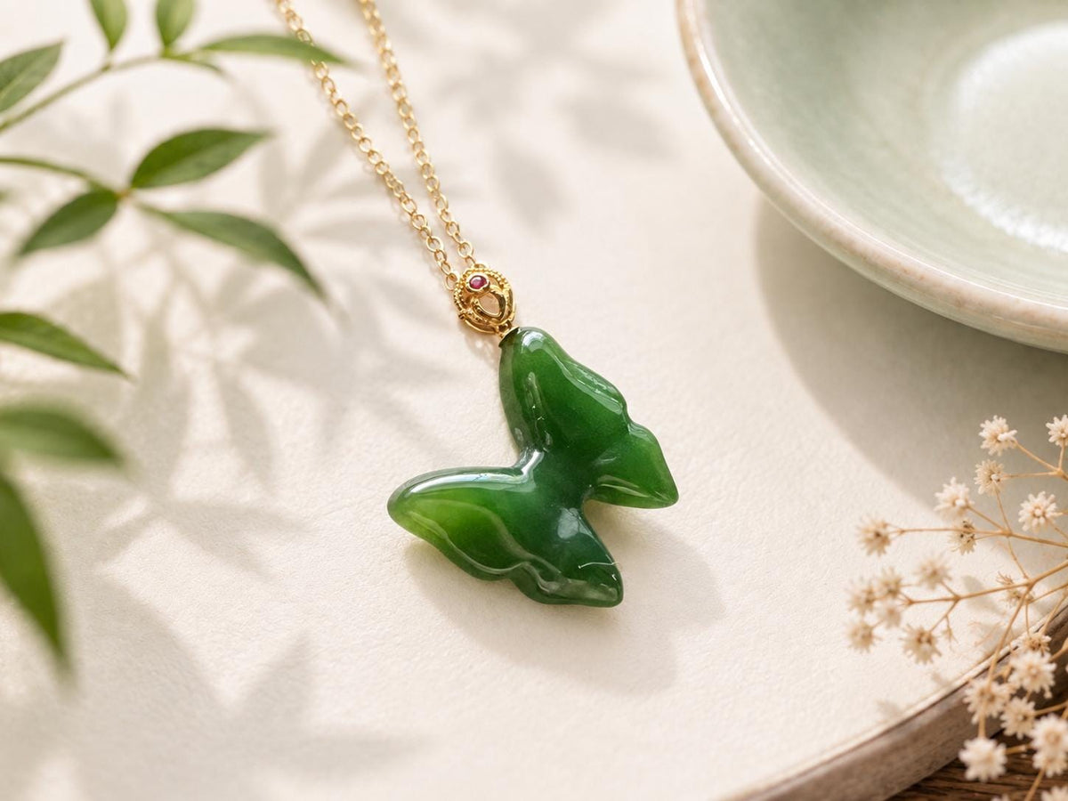 Nephrite Butterfly & Ruby in 18K Gold