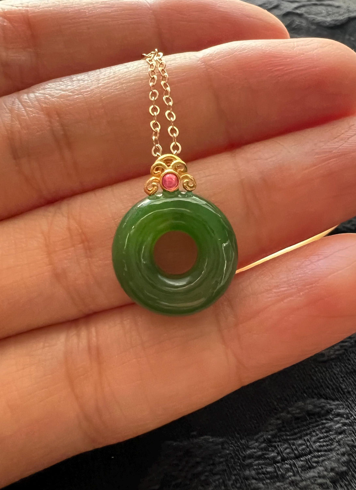 Nephrite Donut & Ruby Pendant in 18K Gold