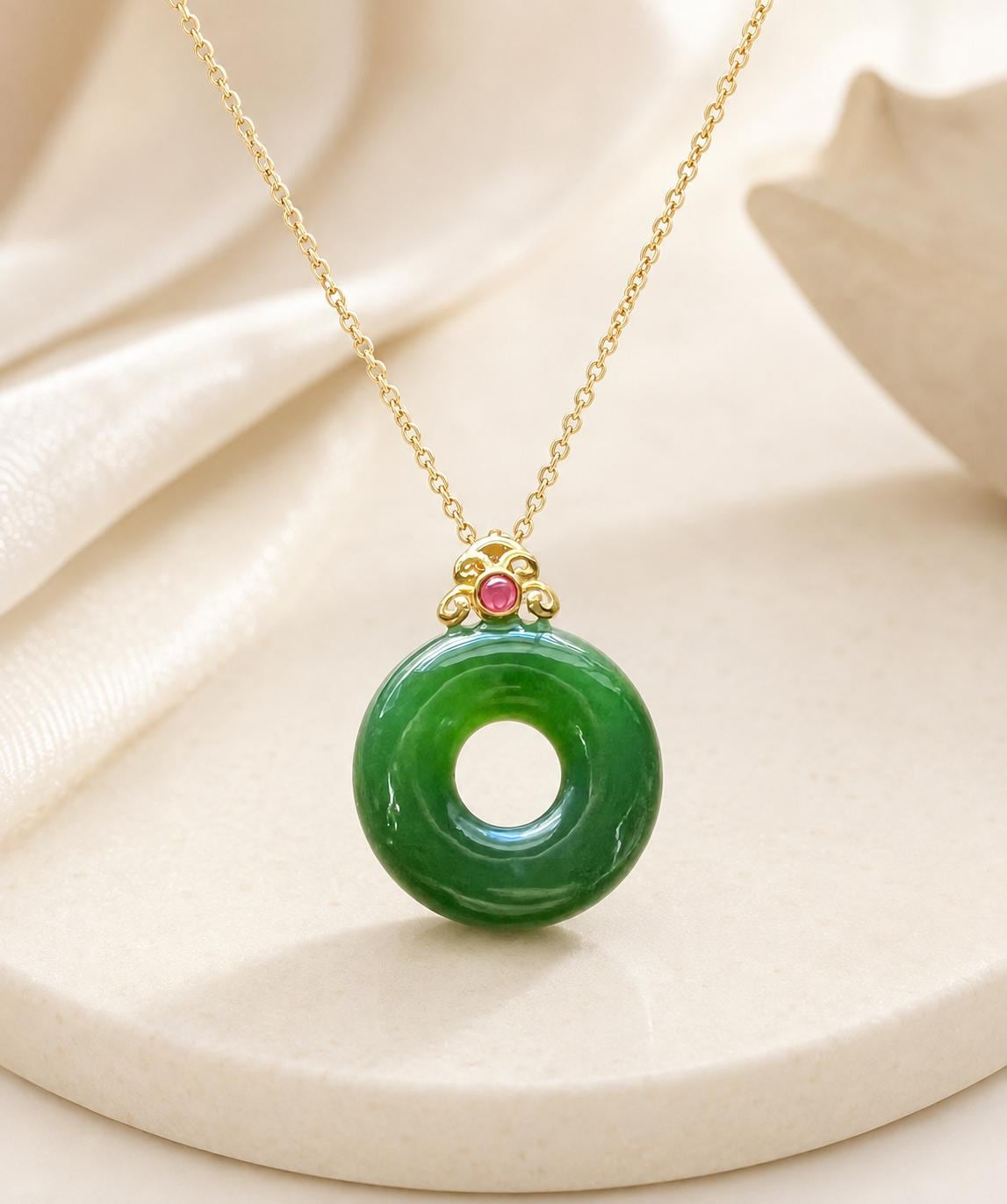 Nephrite Donut & Ruby Pendant in 18K Gold