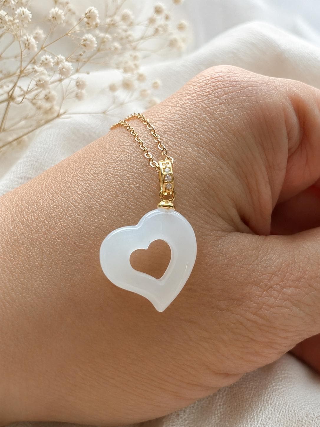 White Nephrite Heart Vermeil Necklace