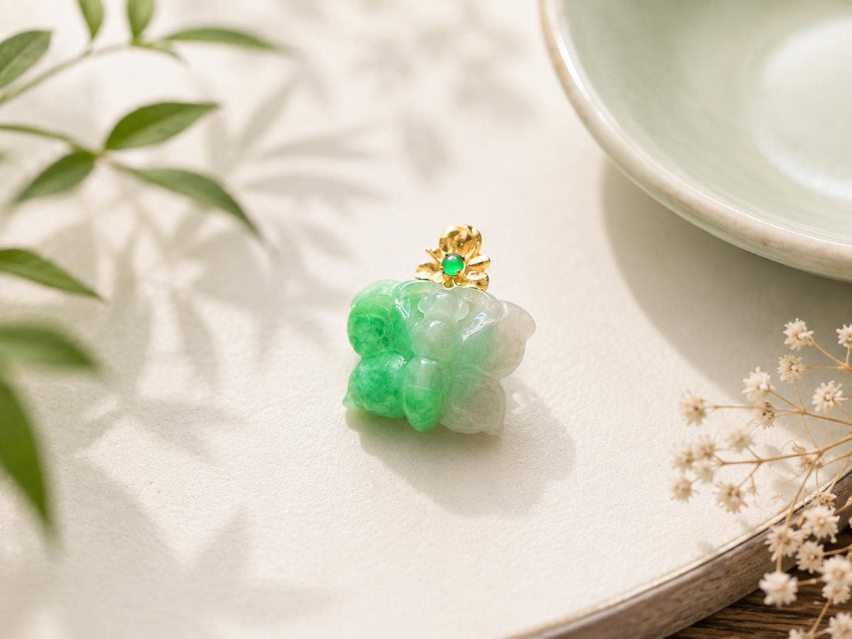 Green-Lavender Jadeite & Ruby in 18K Gold