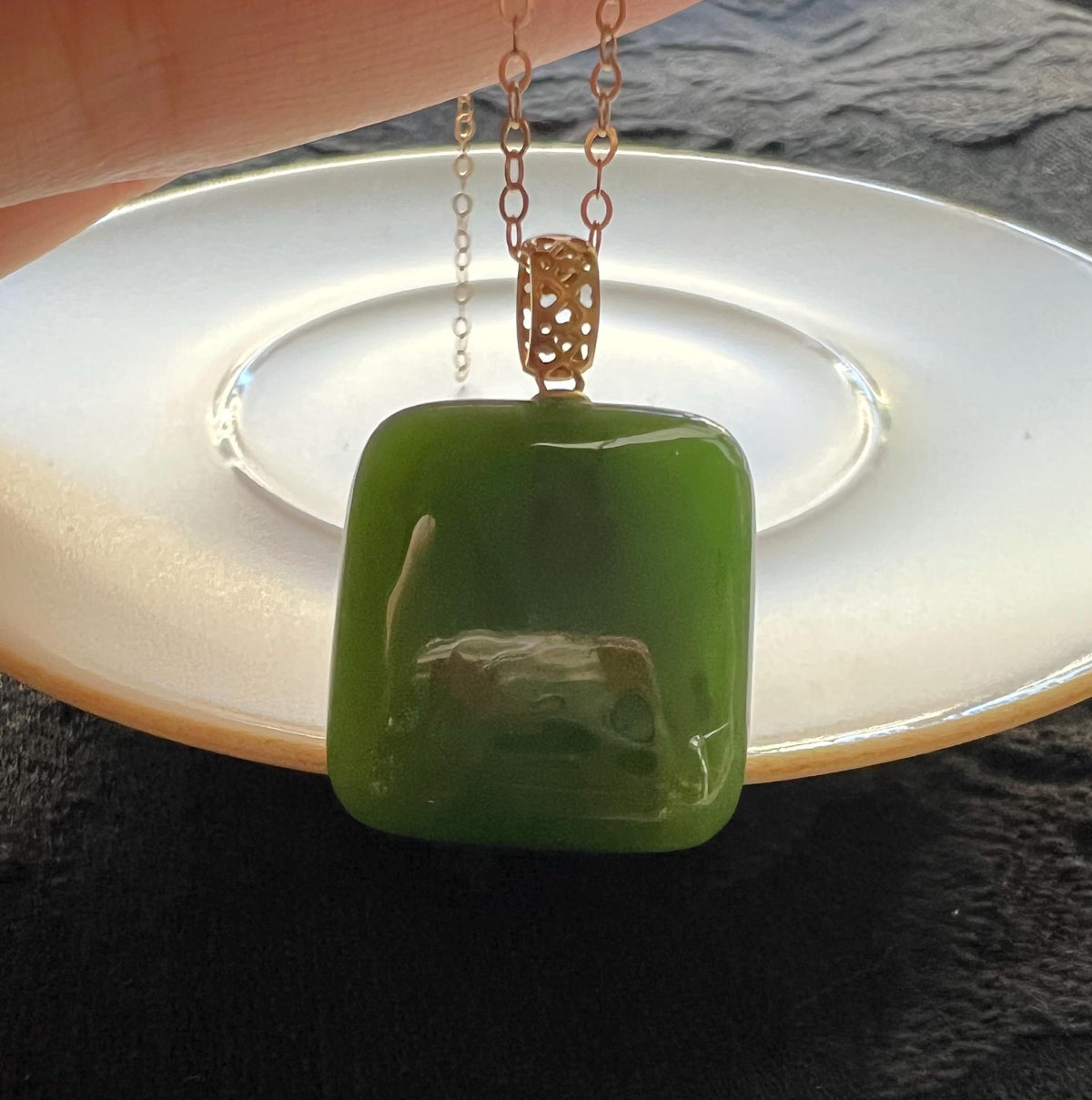 Green Nephrite Peace Plaque in 18K Gold