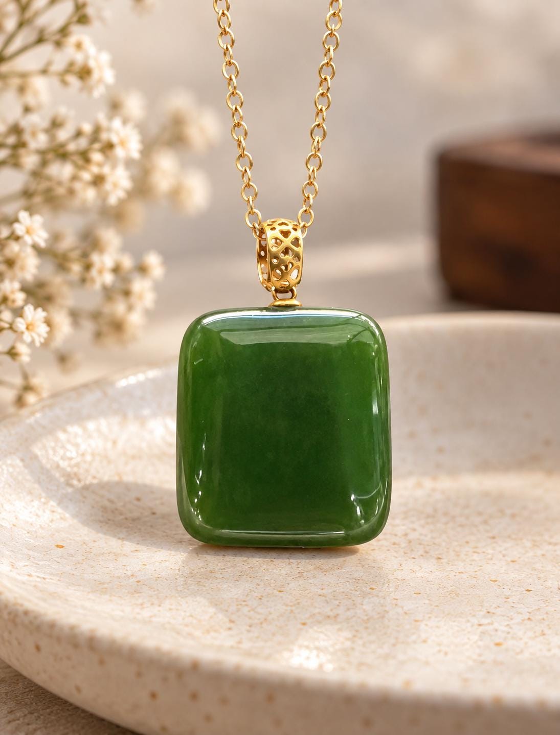 Green Nephrite Peace Plaque in 18K Gold