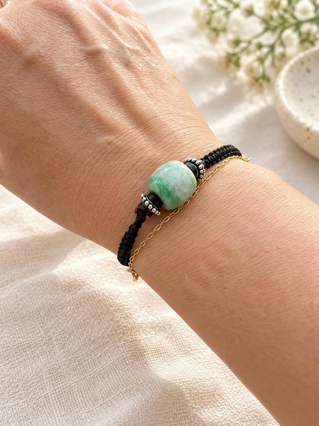 Jadeite Barrel Bead Cord Bracelet