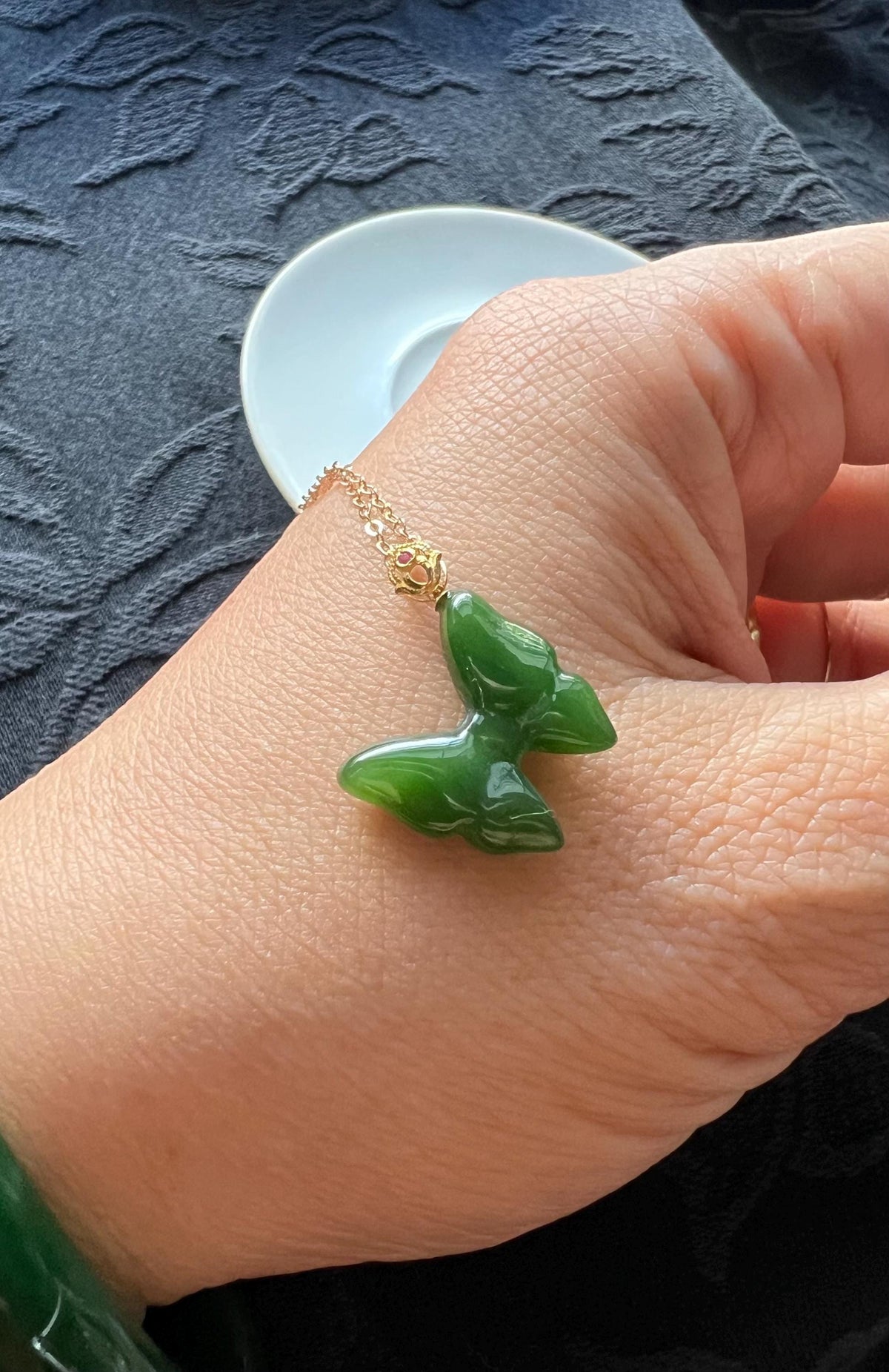 Nephrite Butterfly & Ruby in 18K Gold