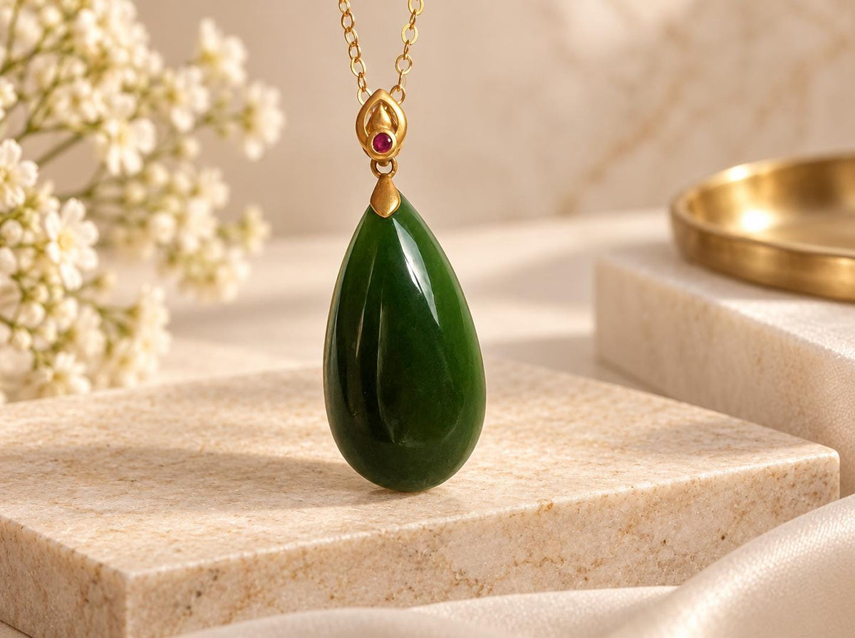 Green Jade Teardrop Pendant in 18K Gold
