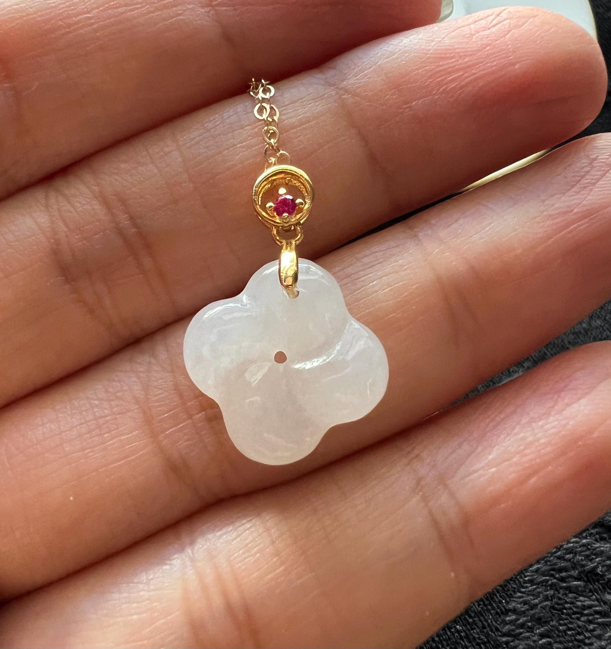 White Nephrite Clover & Ruby Pendant
