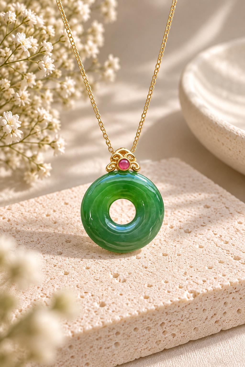 Nephrite Donut & Ruby Pendant in 18K Gold