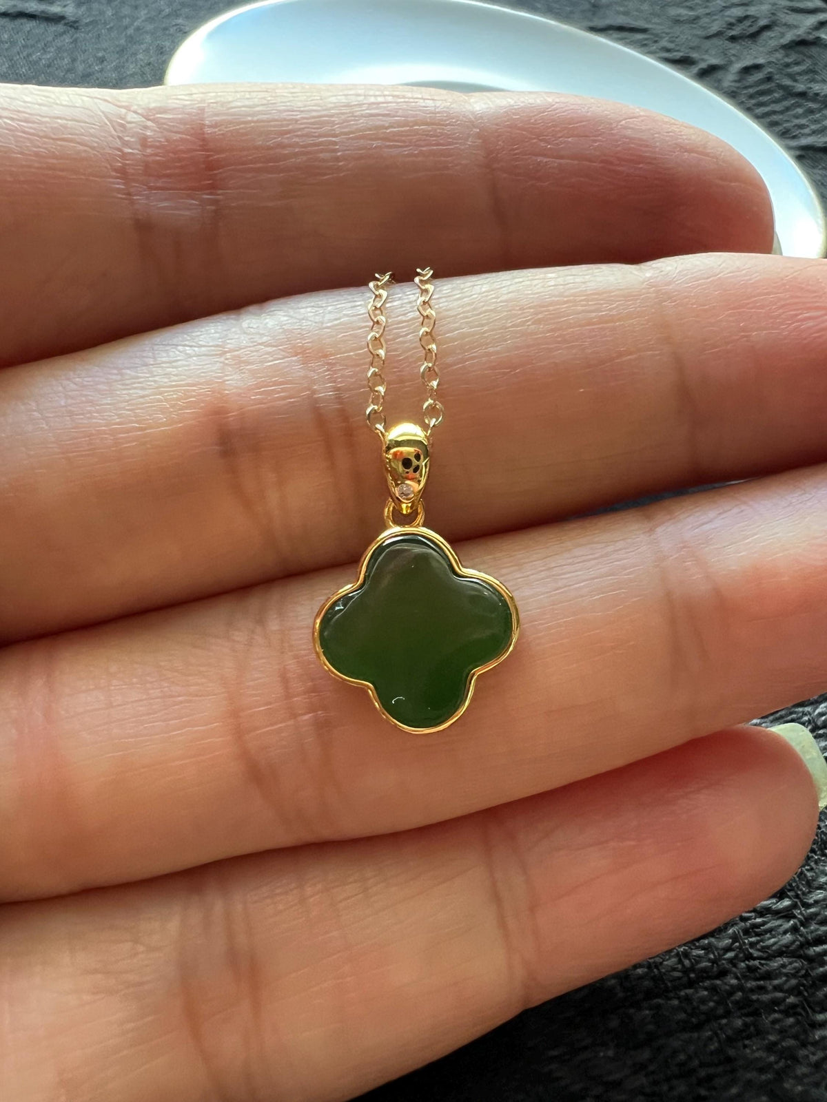 Green Nephrite Four-Leaf Clover Necklace