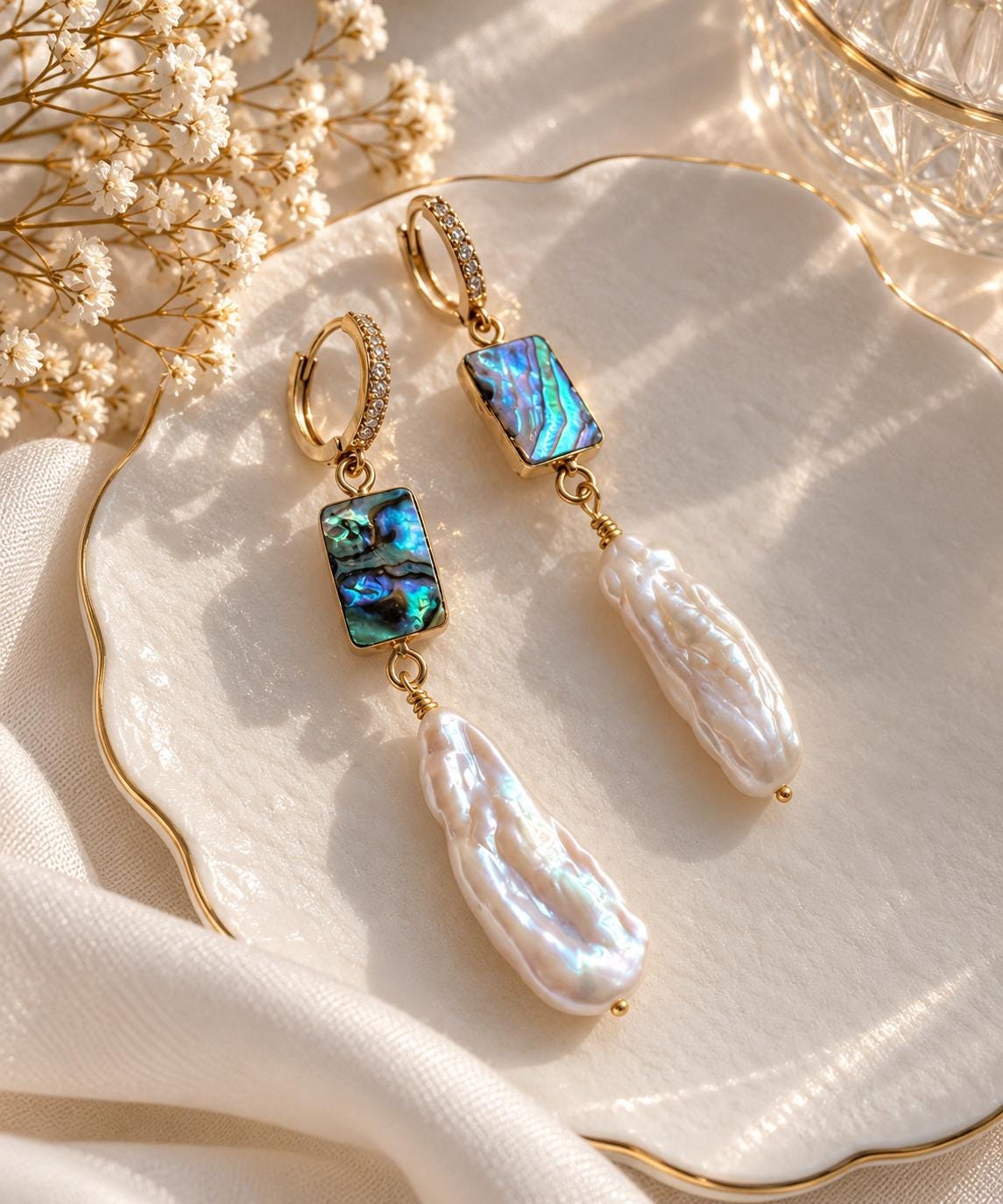 Freshwater Abalone Multiple-Pearl Dangle Earrings