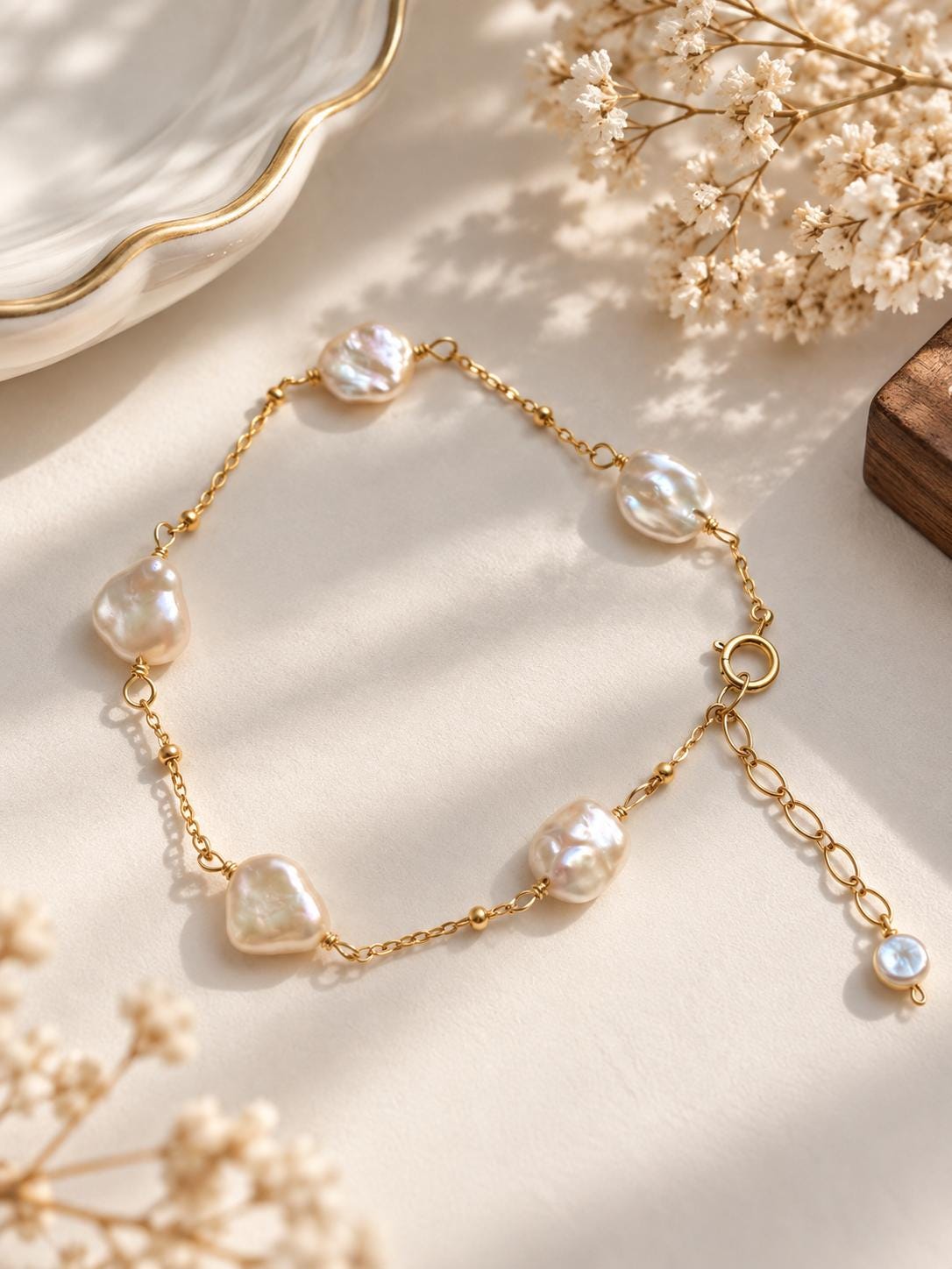 14K Gold Filled Baroque Petal Pearl Bracelet