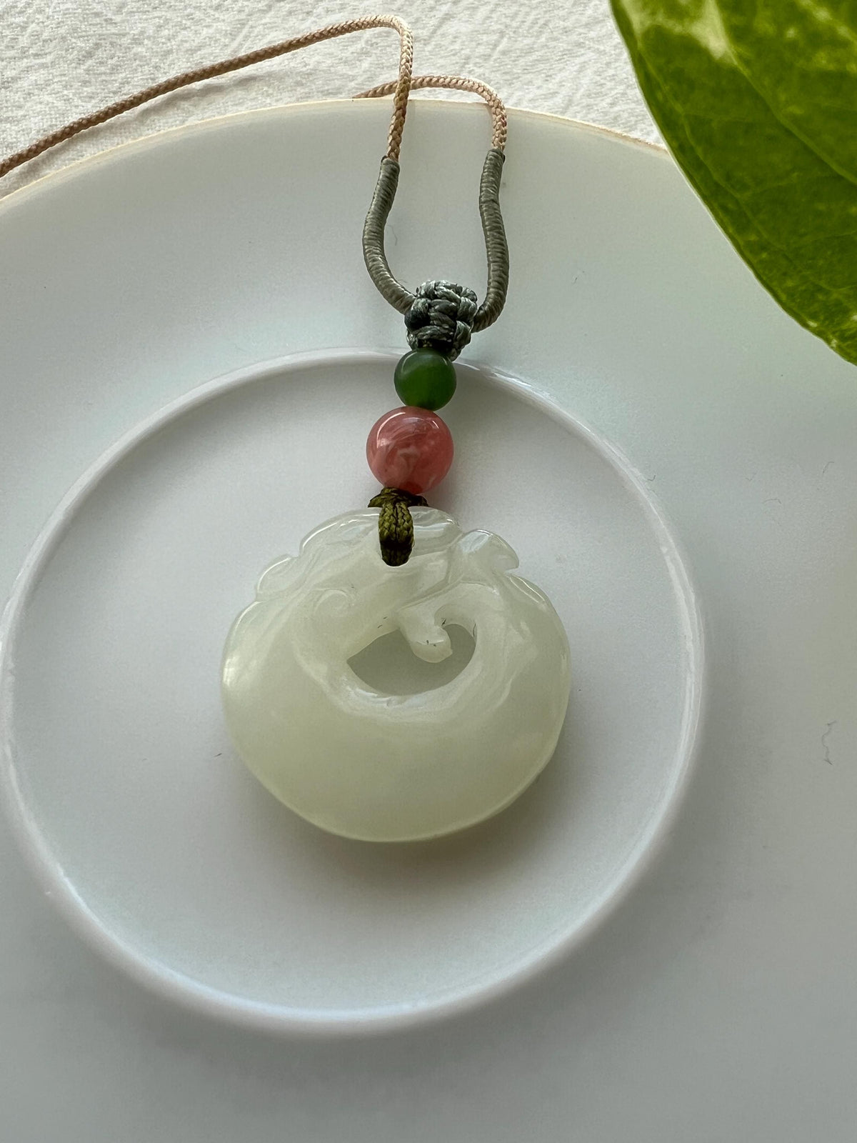 White Nephrite Dragon Cord Necklace