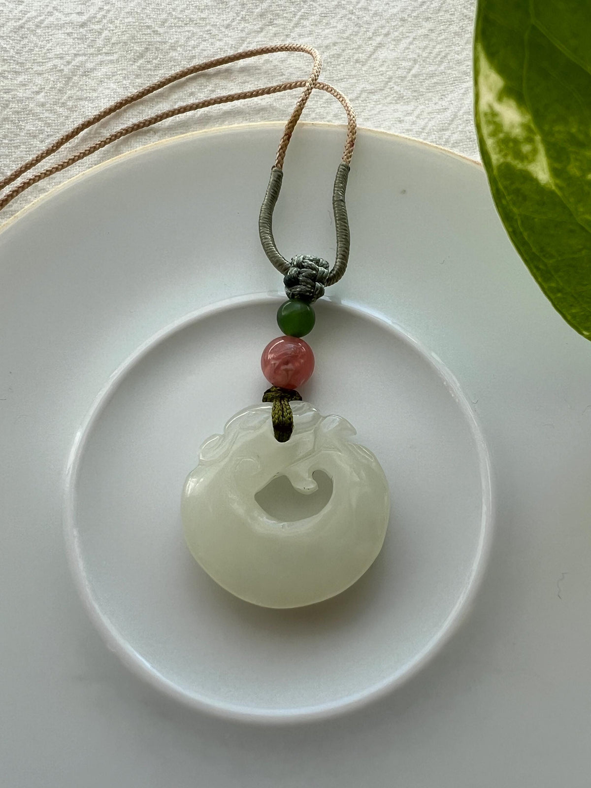White Nephrite Dragon Cord Necklace