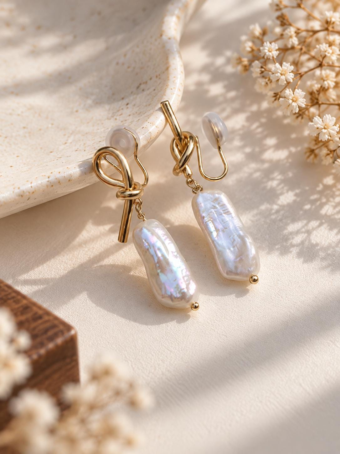 Unique Mismatched Gold Knot And Biwa Baroque Pearl Earrings