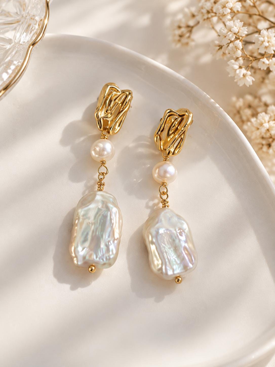 Baroque Double Pearl Nugget Stud Dangle Earrings