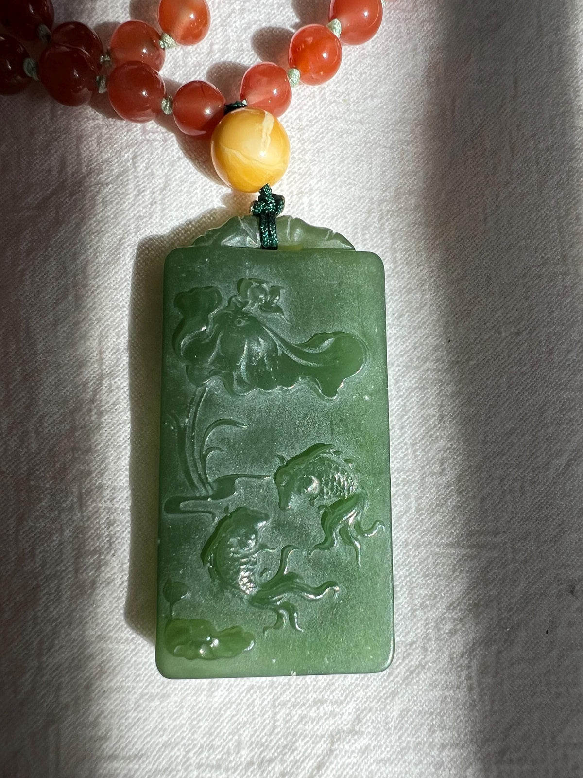 Green Nephrite Lotus & Fish Pendant
