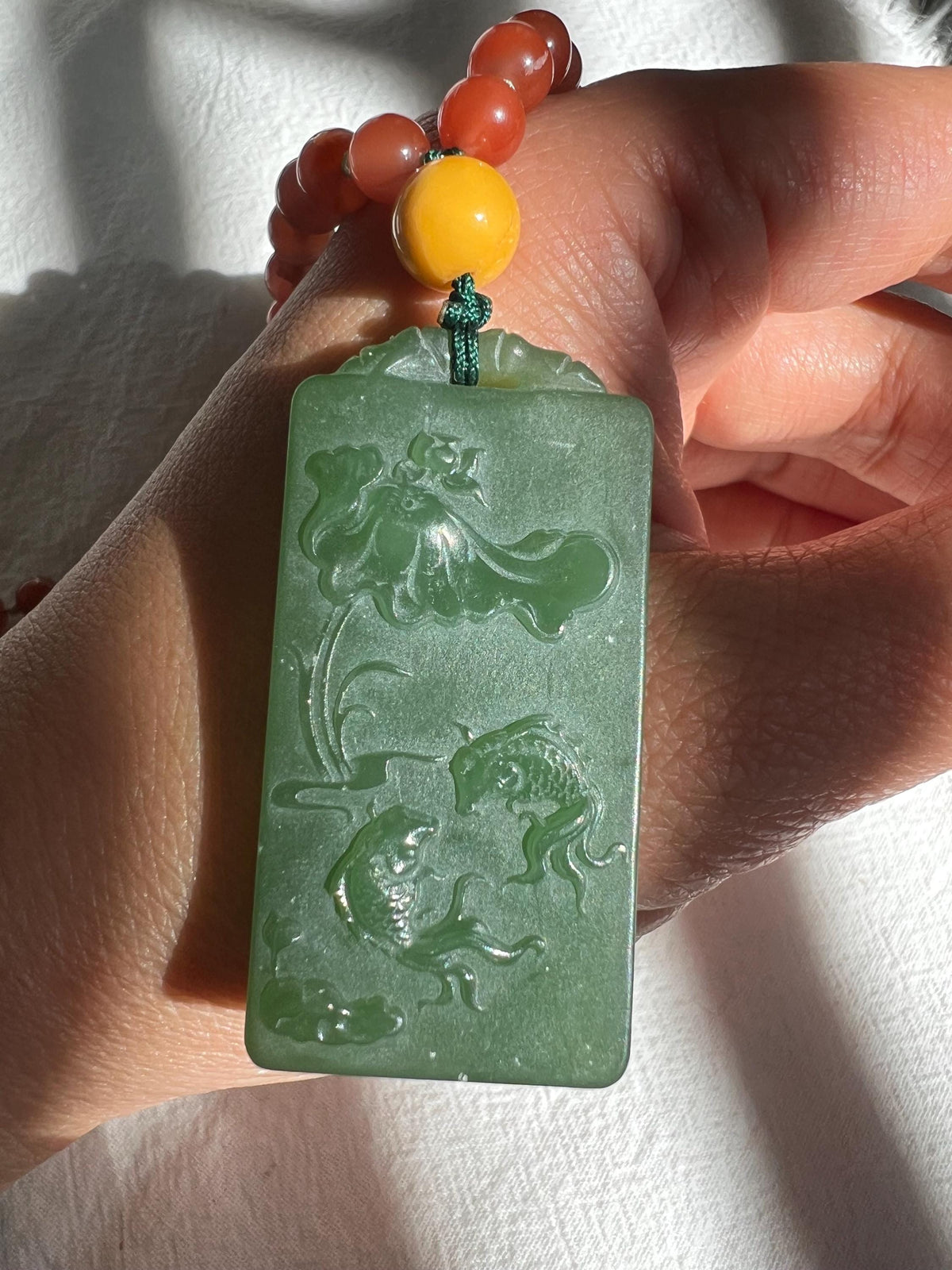 Green Nephrite Lotus & Fish Pendant