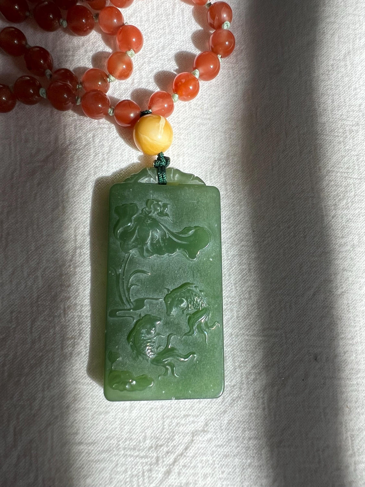 Green Nephrite Lotus & Fish Pendant