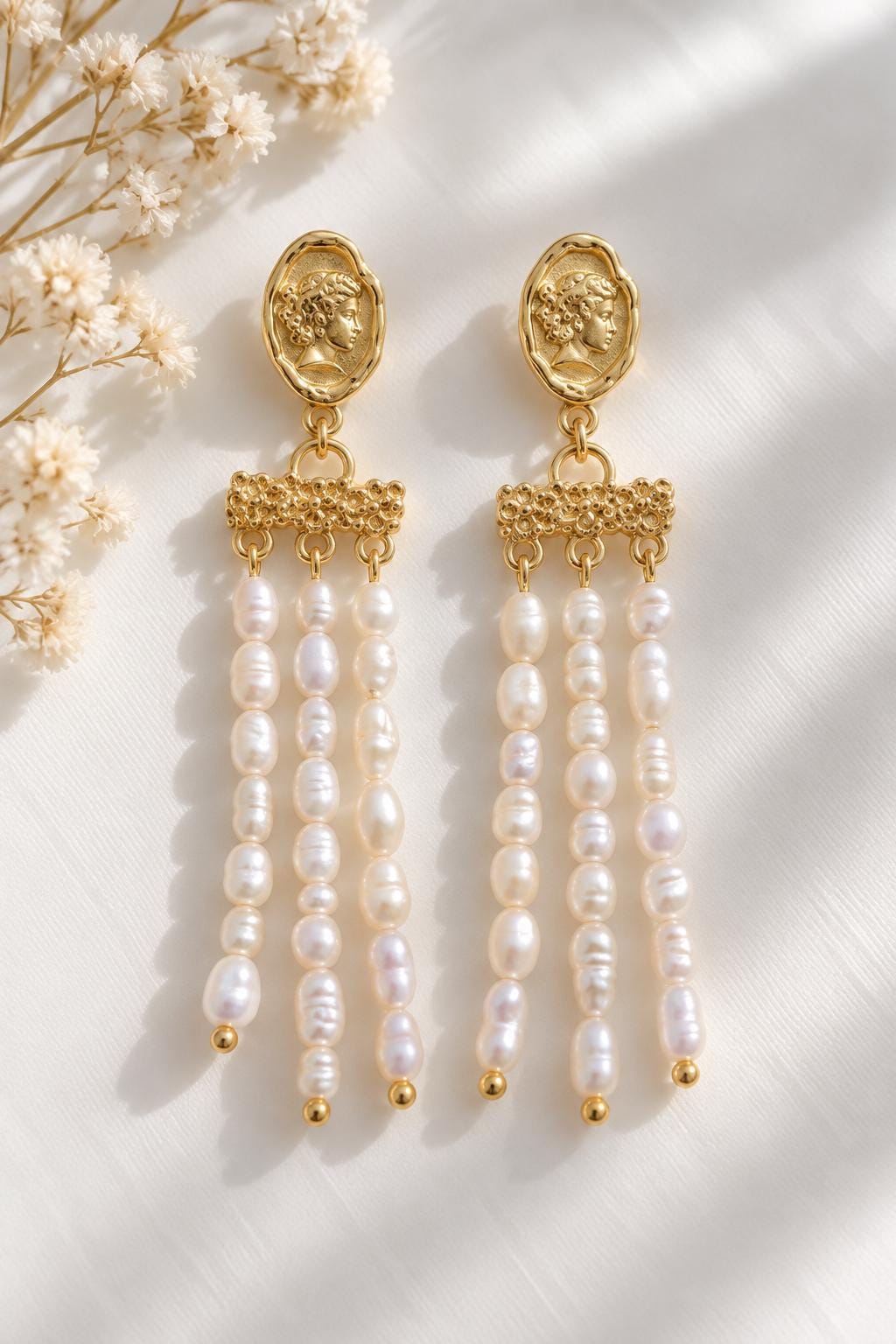 Art Deco Freshwater Pearl Multiple-Tassel Queen Stud Dangle Earrings