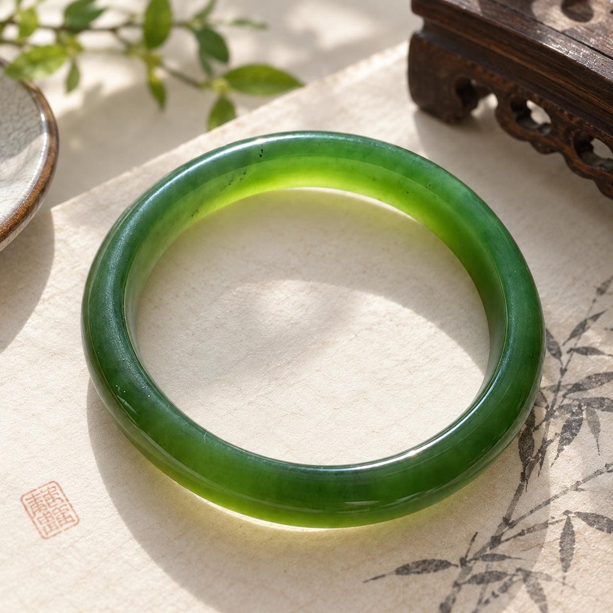 Slim Dark Green Nephrite Bangle, 56 mm