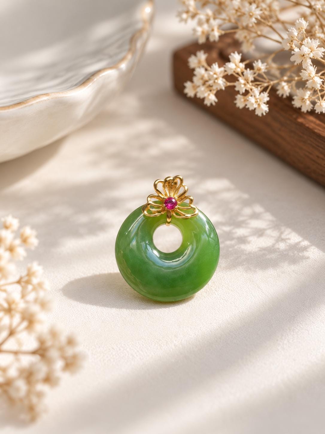 Nephrite Donut & Ruby Pendant in 18K Gold