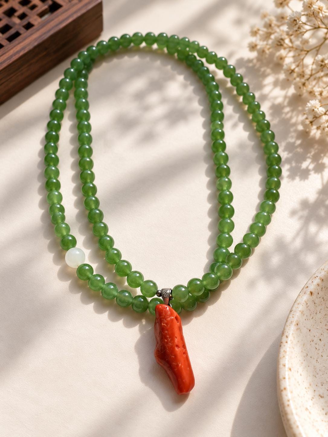 Convertible Jade & Red Coral Necklace