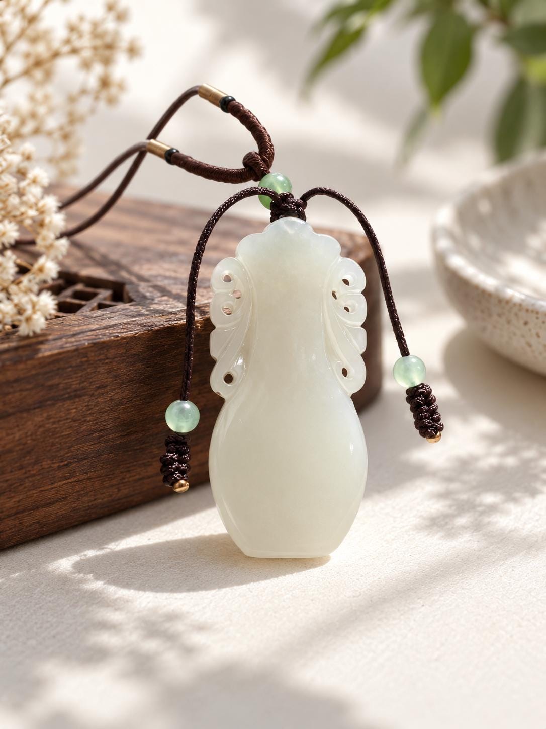 White Nephrite Vase Pendant Necklace