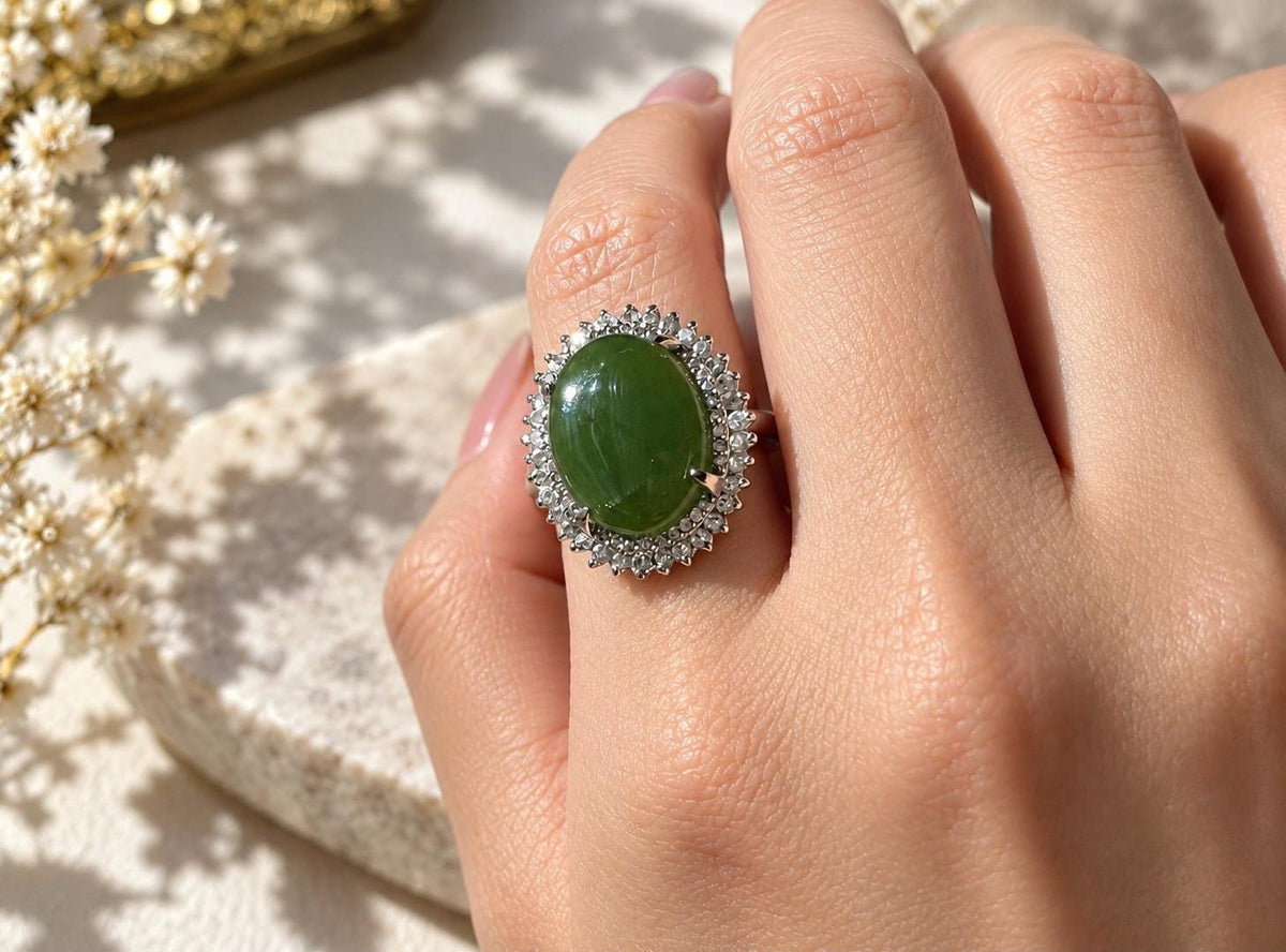 Oval Green Nephrite Sterling Silver Ring