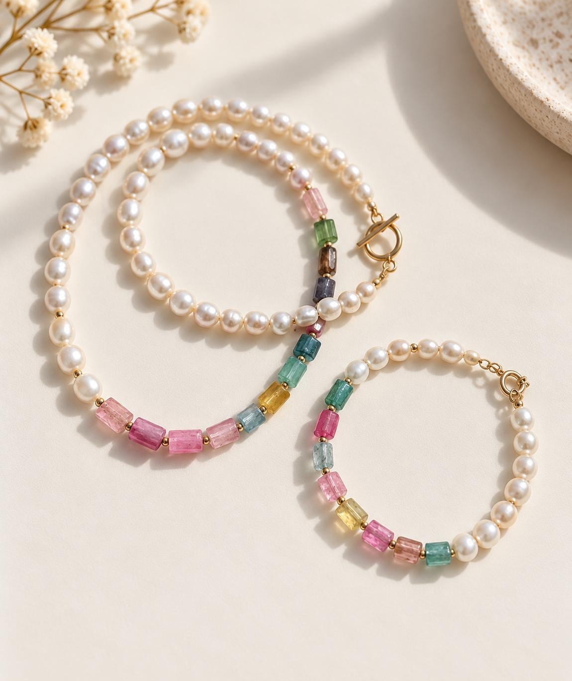 Pearl & Tourmaline Necklace or Bracelet