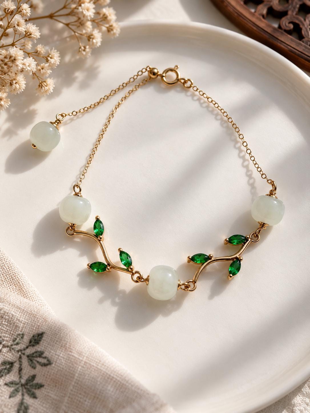 White Nephrite Leaf Vine Bracelet