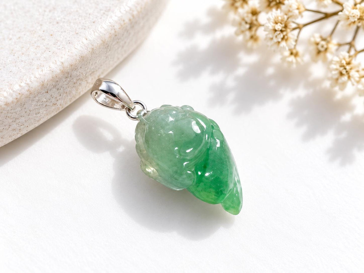 Green Jadeite Cicada & Fu Pendant
