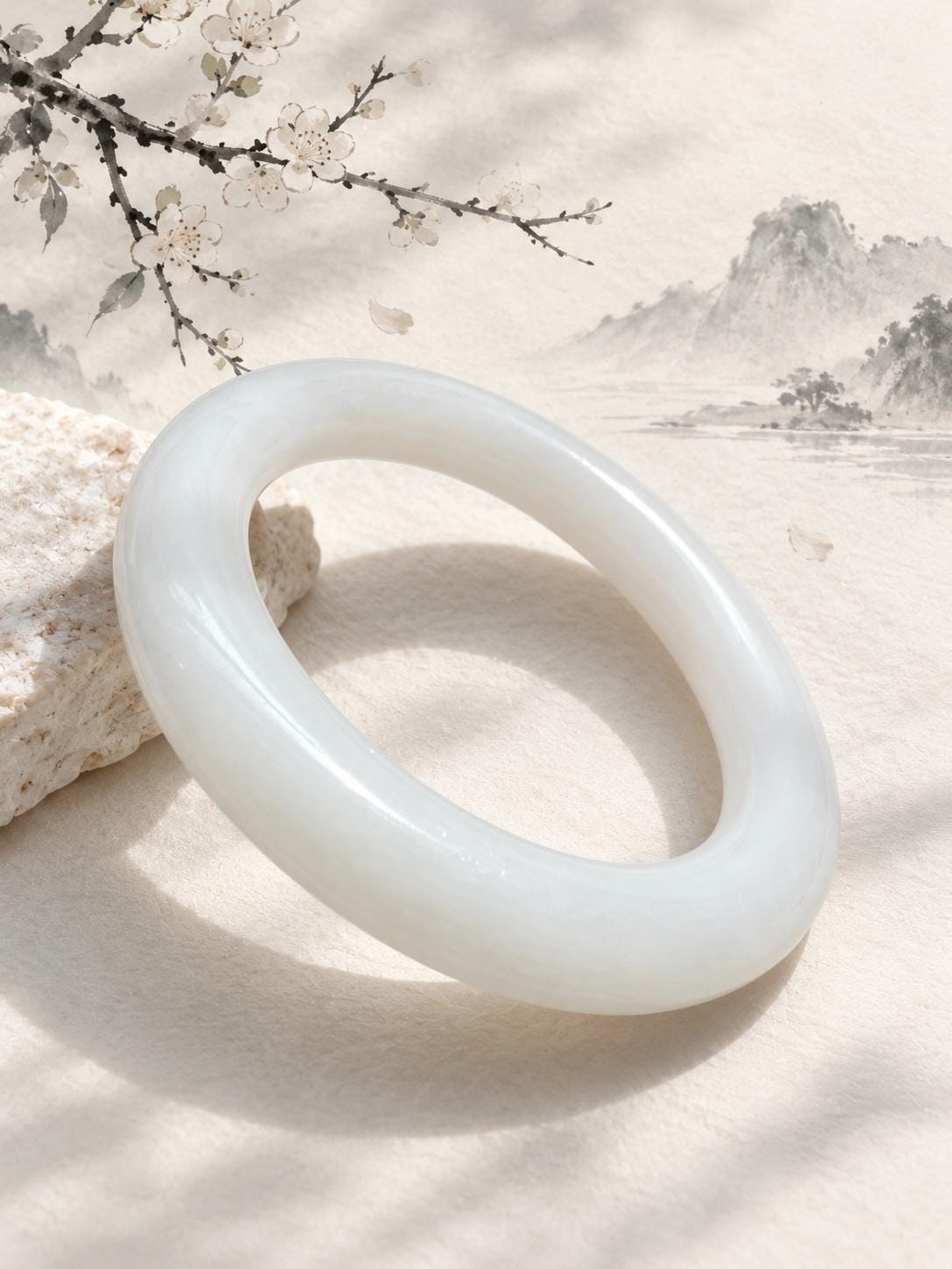 Oval White Nephrite Bangle, 57 mm