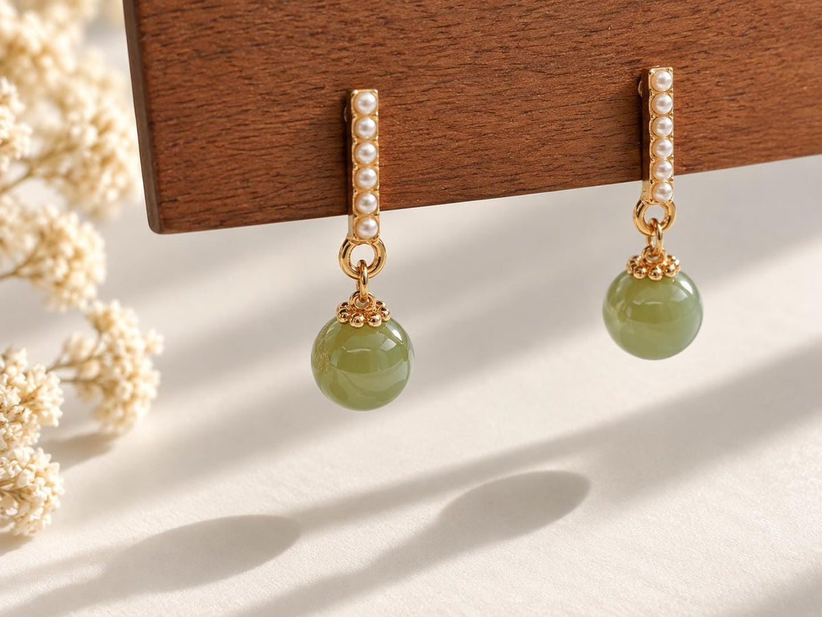 Light Green Nephrite & Pearl Earrings