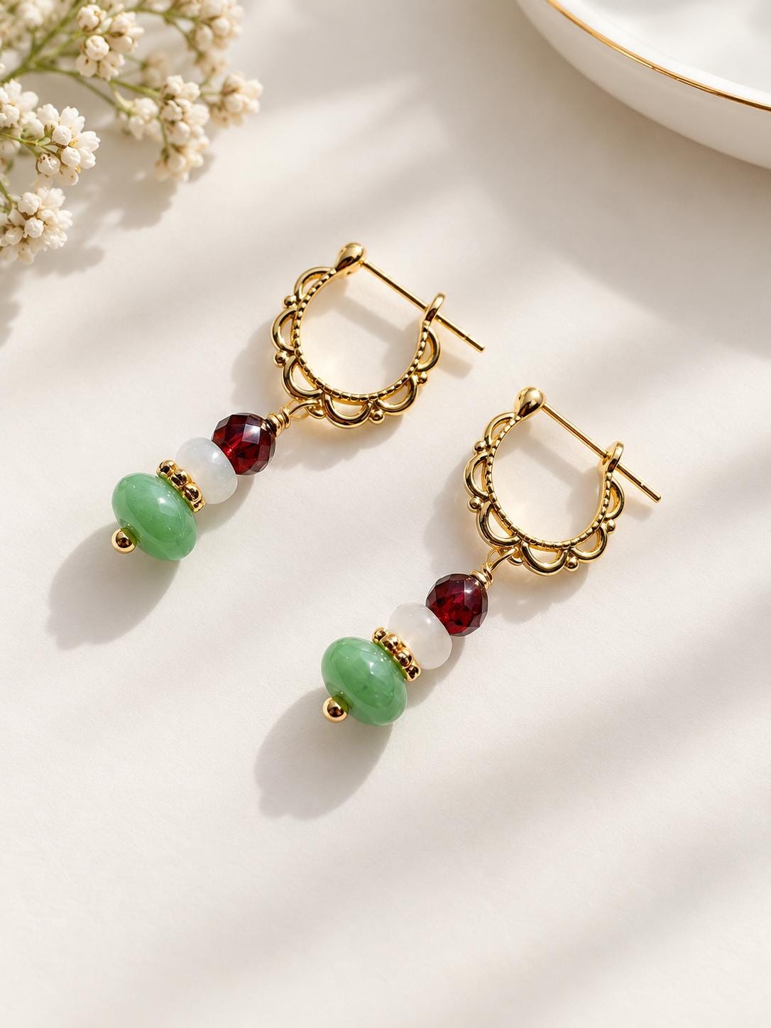 Jadeite & Garnet Drop Earrings