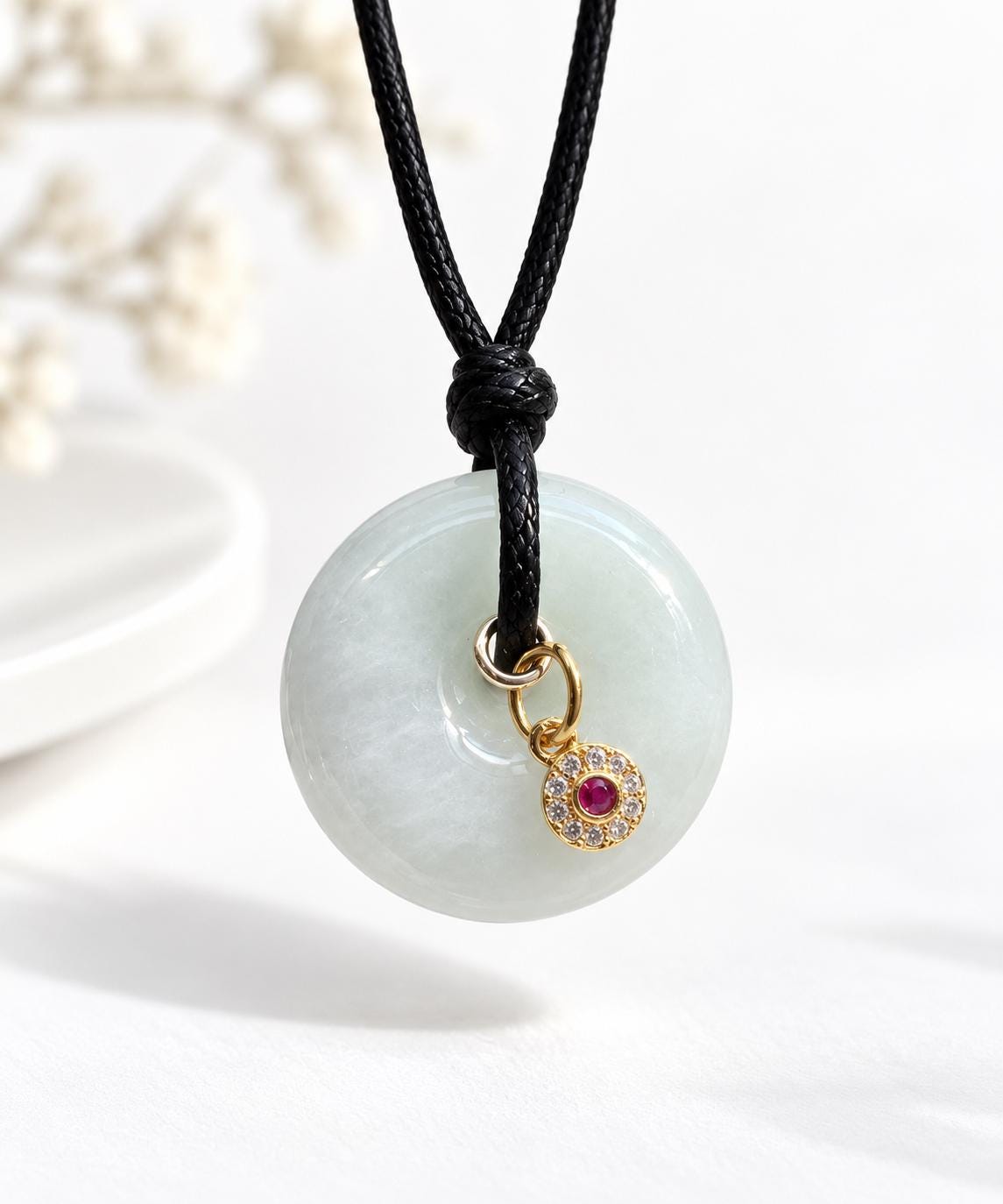Jadeite Peace Donut Necklace with Ruby