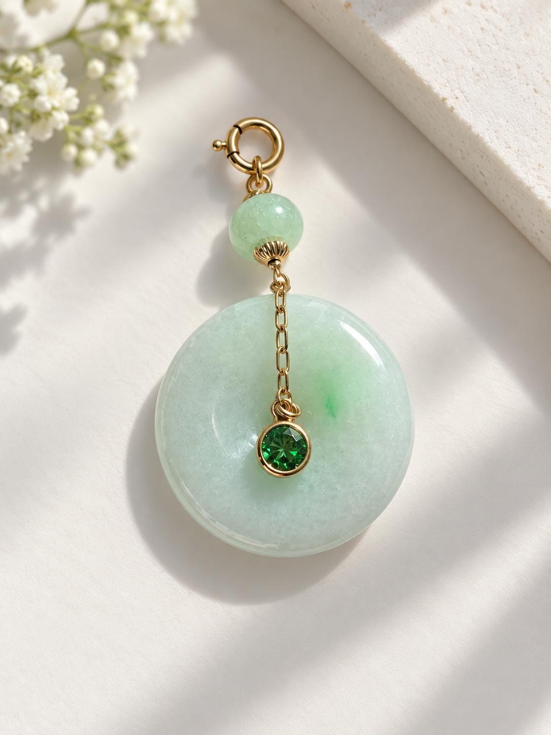 Jadeite Donut Pendant with Green Gemstone
