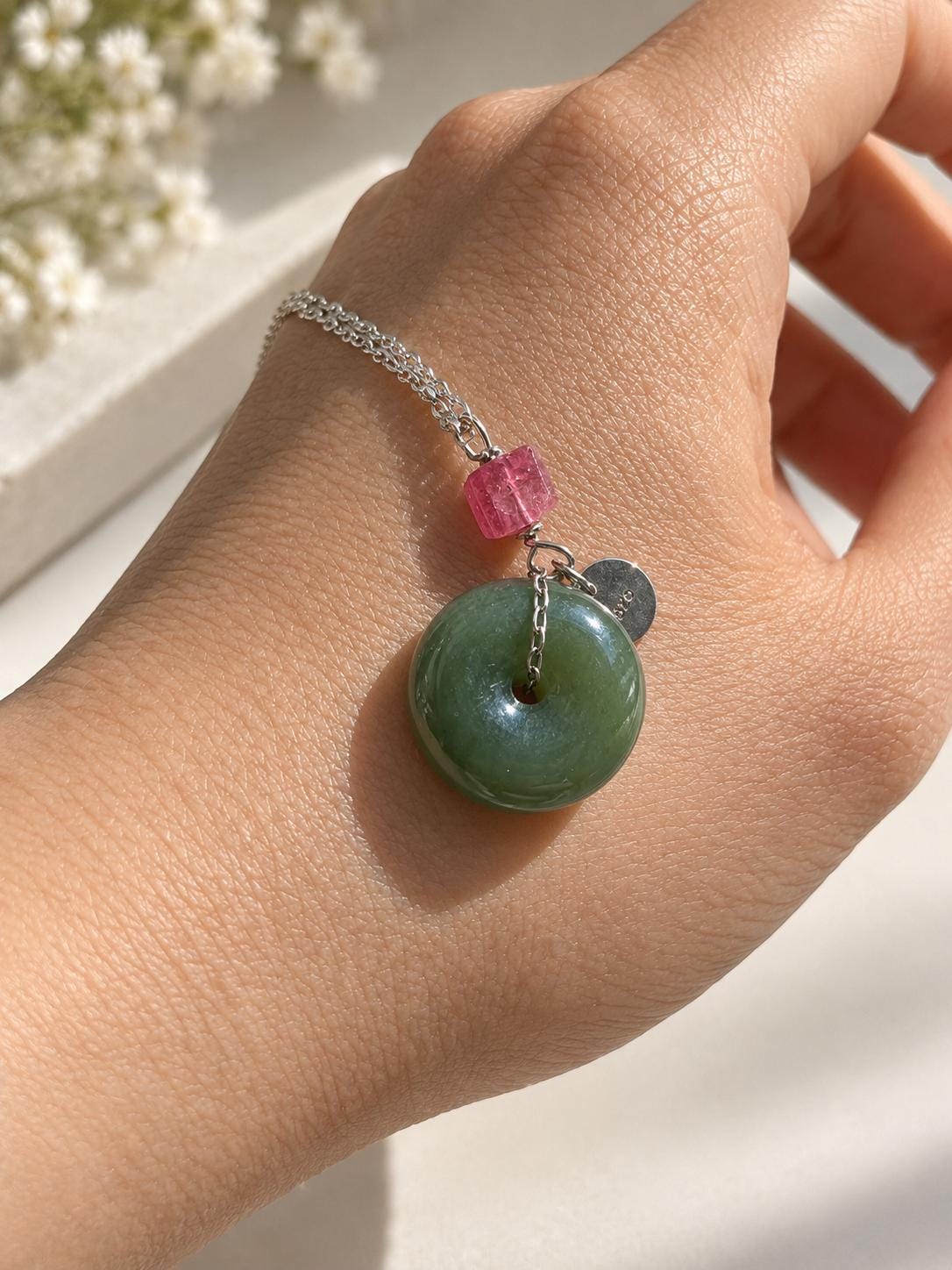 Green Nephrite & Tourmaline Donut Necklace