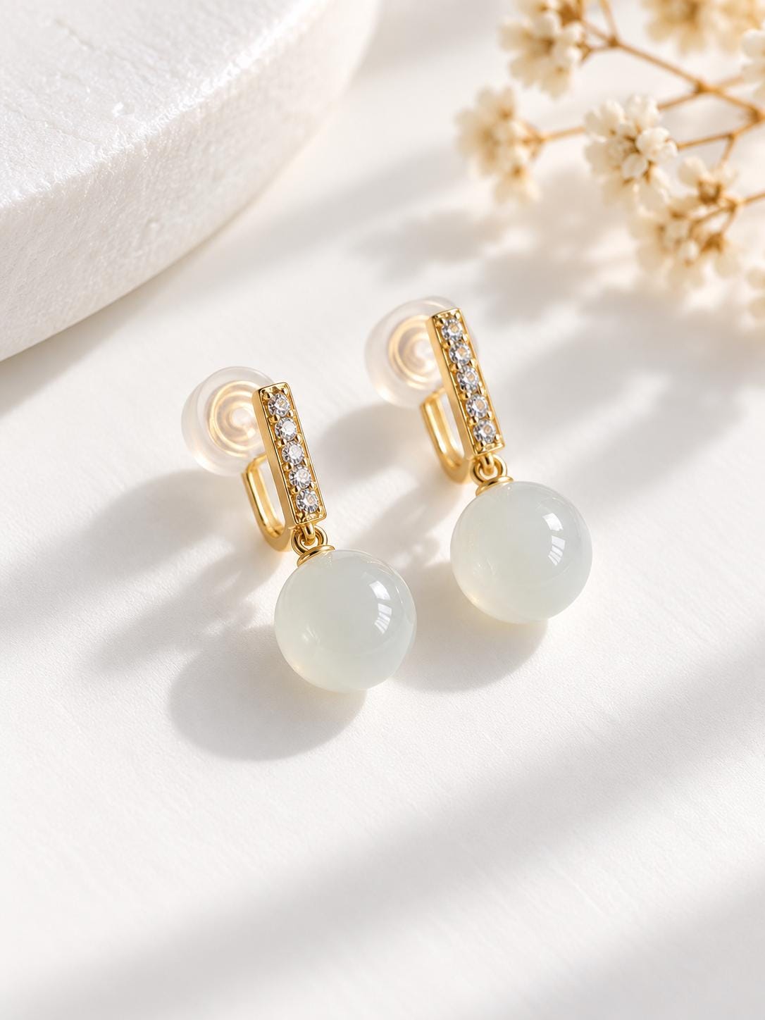 Pale Nephrite & Pearl Clip-On Earrings
