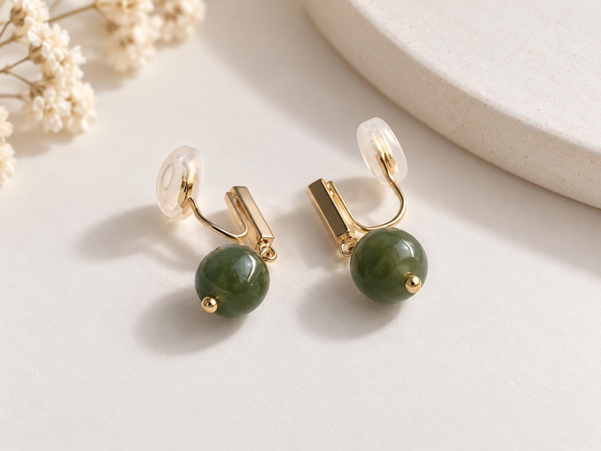 Nephrite & Pearl Clip-On Drop Earrings