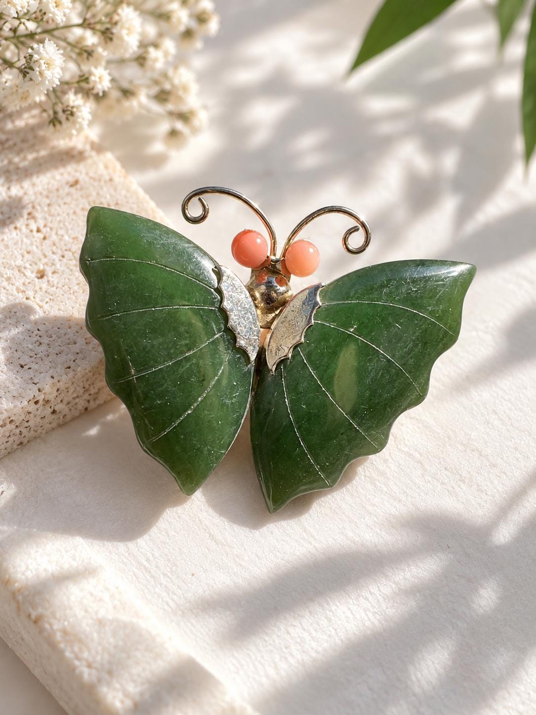 Green Nephrite Butterfly Necklace with Coral