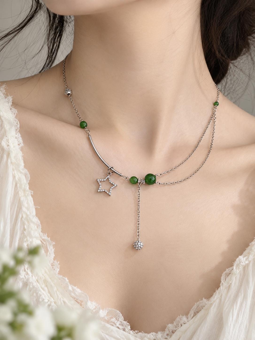 Green Nephrite Lotus or Star Necklace